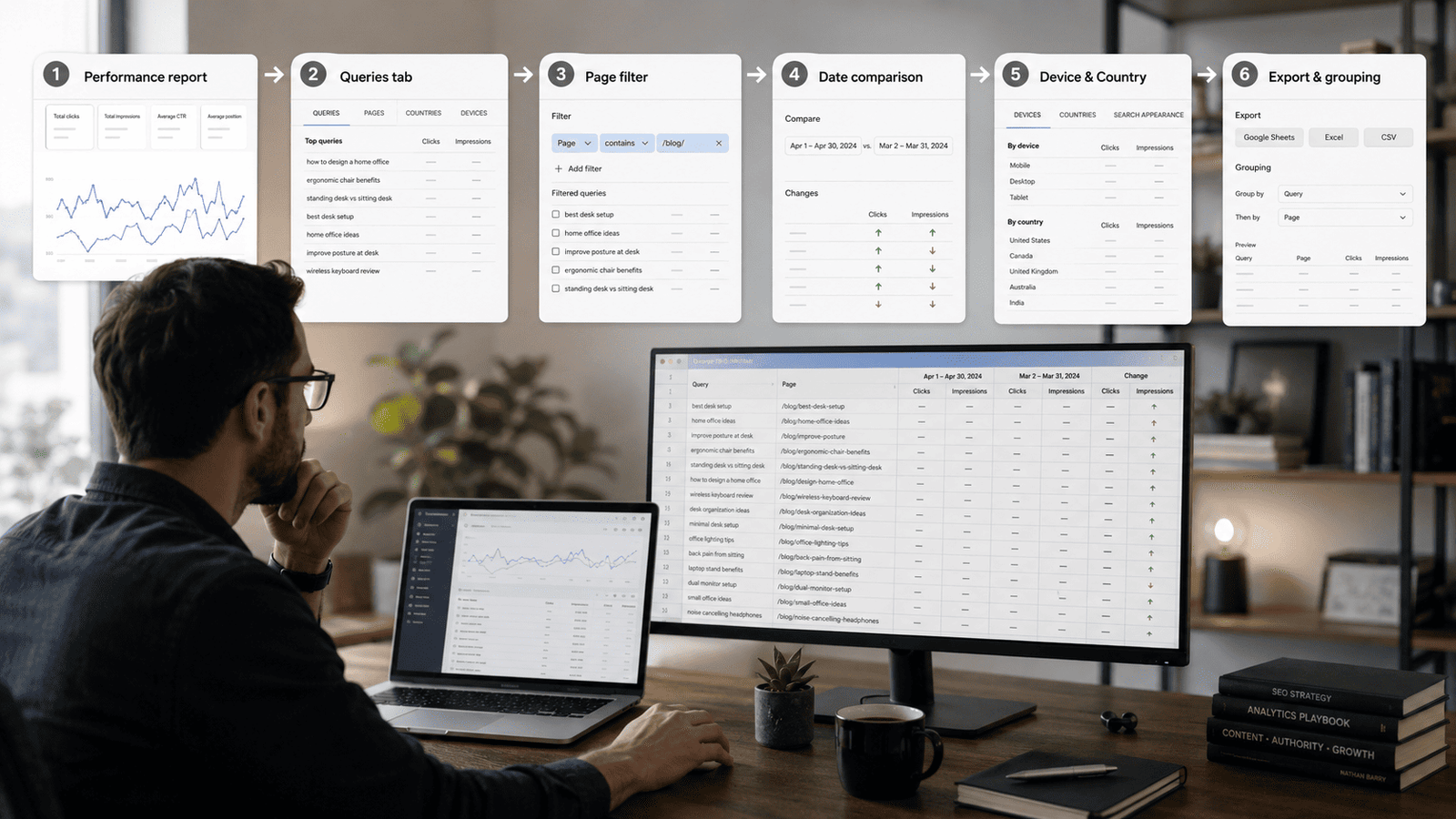 Workflow showing how to recover hidden organic keyword insights in Search Console