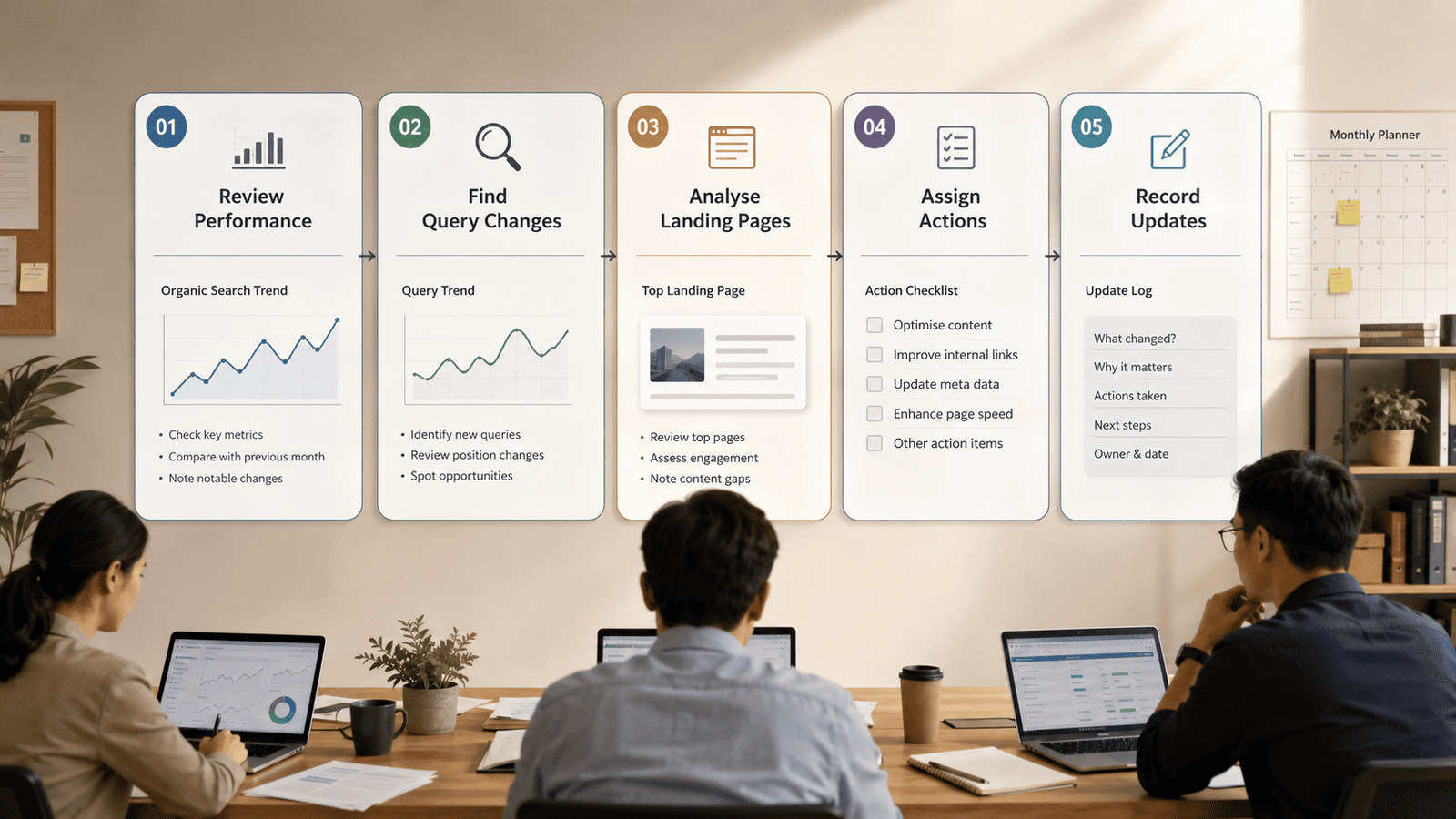 Monthly checklist for reviewing queries, landing pages and SEO actions