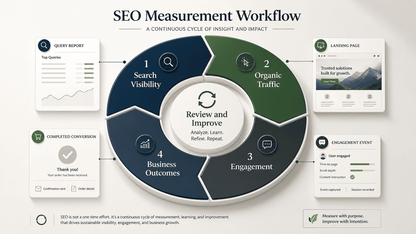 Circular SEO measurement cycle covering visibility, traffic, engagement and business outcomes