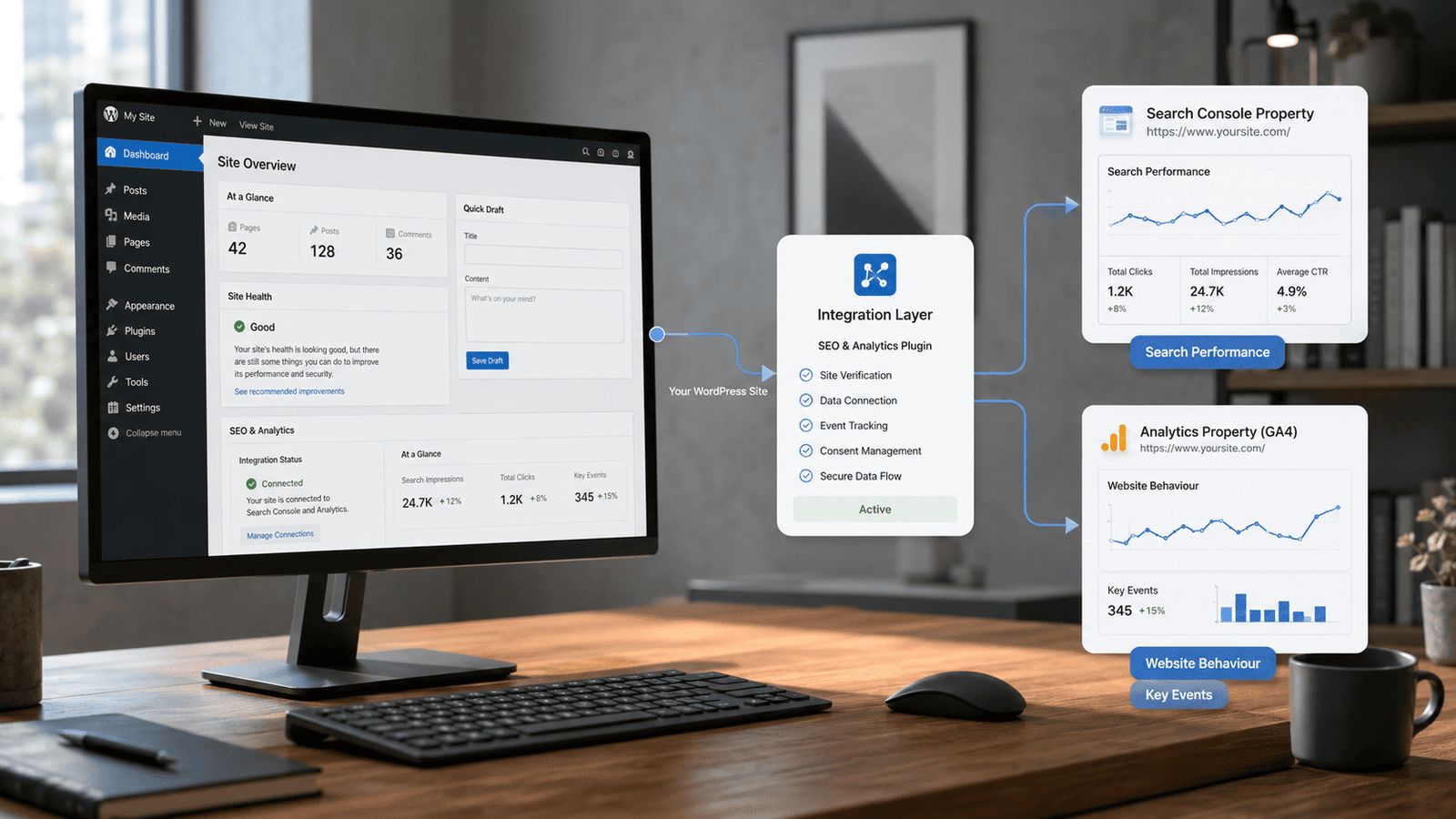 WordPress website connected to Google Search Console and Google Analytics 4 reporting
